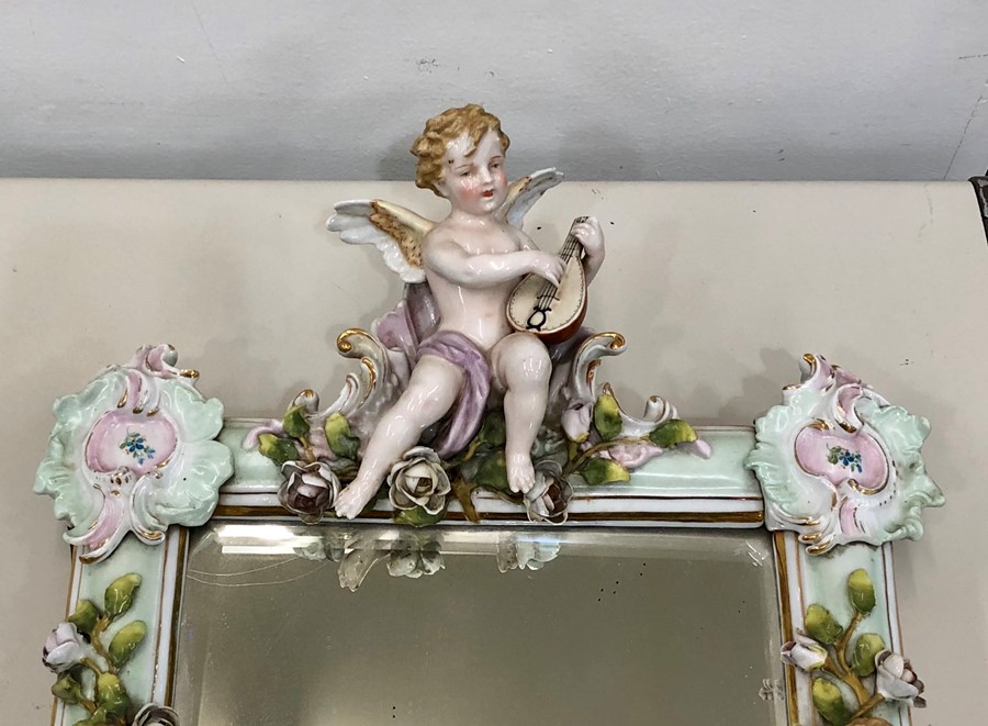 Ornate Dresden Sitzendorf standing mirror with floral and cherub decoration - Image 4 of 7