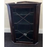 Mahogany glazed corner cabinet measures approx heigh 106cm depth47.5cm width 77cm