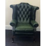 Queen Anne Chesterfield chair Green Leather button back