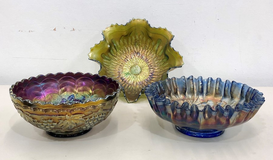 3 dark Carnival glass bowls dark blue with grapesand vines ,thistles and leaf pattern designes all i