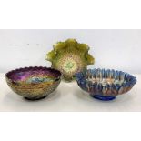 3 dark Carnival glass bowls dark blue with grapesand vines ,thistles and leaf pattern designes all i
