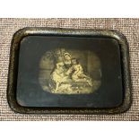 Antique metal serving tray floral decoration with central picture scene measures approx 20ins by 16i