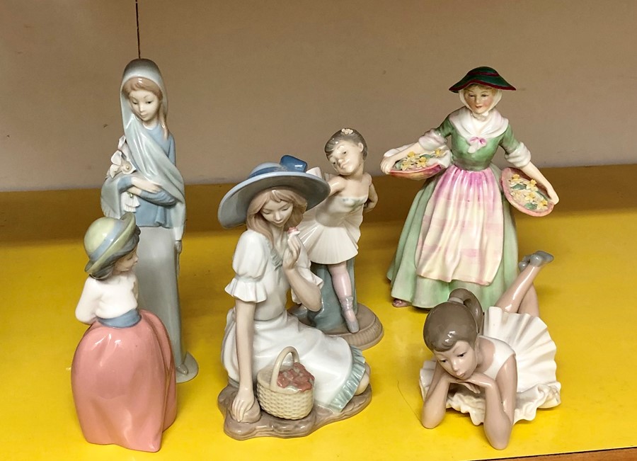 collection of china figures includes royal doulton figure daffy down dilly , 1 lladro figure and 4