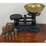 Vintage brass Homepride Fred scales and weights, 8 weights