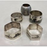 collection of 5 islamic iraqi / persian antique silver niello napkin rings