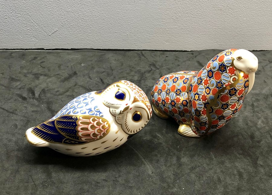 2 royal crown derby paperweights owl and walrus