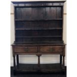 Period oak dresser with pot board base, 2 drawer 3 shelf back with forged hooks measures approx