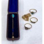 Selection of antique and vintage gold jewellery includes boxed turquise stoneset stickpin ,18ct diam