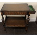 1920s Carved oak 2 tier carved tea trolley with serving tray