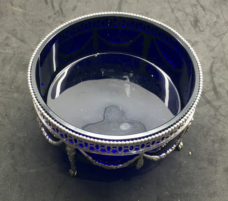 Large Antique Dutch Silver and Blue Cobalt Glass Oval Bowl - Image 3 of 5