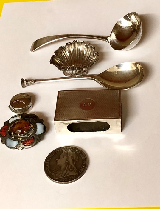 Collection of silveritems includes scottish brooch victorian crown etc