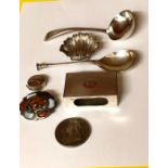 Collection of silveritems includes scottish brooch victorian crown etc