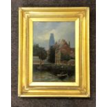 19th century Gilt framed oil on canvas town and river scene not signed measures approx 35cm by 24cm
