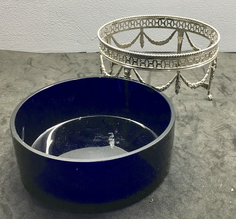 Large Antique Dutch Silver and Blue Cobalt Glass Oval Bowl - Image 4 of 5