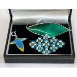 3 silver and enamel brooches leaf broochsigned D-A Norway sterling flower brooch hallmarked 935s 1 p