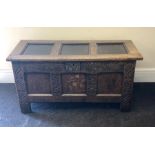 Antique carved oak 3 panel coffer