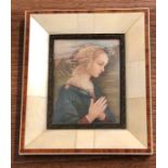 Framed miniature painting on ivory of a young woman praying picture measures approx 8cm by 6 cm