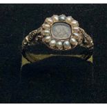 18th 19th century gold and seed-pearl mourning ring with central hair locket with seed-pearls around