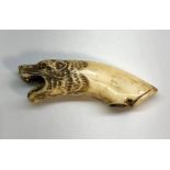 Carved ivory tigers head walking stick handle glass eyes measures approx 13cm wide