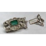 Deco platinum or white gold diamond and emerald clasp set with large central emerald that measures a