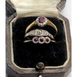 3 18ct gold art deco diamond rings 2 set with rubies and diamonds the other set with 3 diamonds