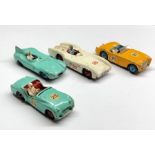 4 dinky racing cars triumph tr2 ,austin healey ,mercedes benz, jaguar type d good played with condit