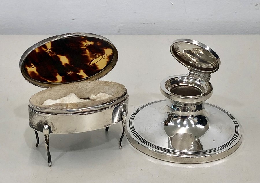 hallmarked silver inkwell and siver and tortoiseshell jewel box