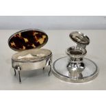 hallmarked silver inkwell and siver and tortoiseshell jewel box