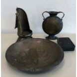 Four pieces of judaica metal includes wine holder , vase, heavy box and dish