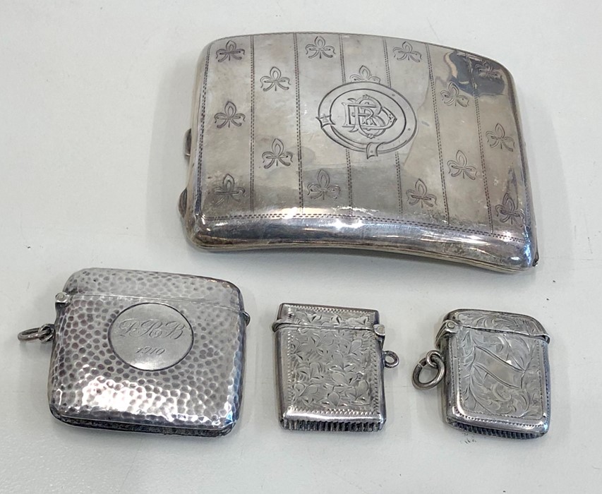 3 silver vesta / match strikers and silver cigarette case