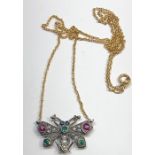 Rose diamond emerald and ruby butterfly pendant on chain Butterfly measures 22mm wide gold back and