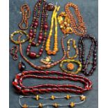 Collection of amber and amber type vintage costume jewellery bead necklaces ,bracelets etc