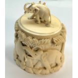 Indian ivory tea caddy carved with camels and elephants with elephant finial measures approx 9cm wi