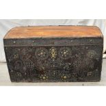 Rare 17th century leather bound dome topped travelling trunk with royal cipher studded front carry h