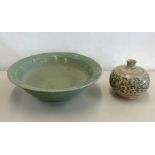 Ming period celadon bowl and stoneware vase, bowl measures approx 27.5 cm height 9cm