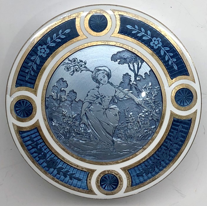 Antique 20th century silver and guilloche enamel round box with French silver hallmarks circa 1900 d - Image 3 of 6