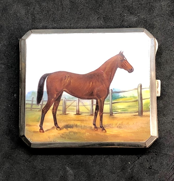 19th century silver plate and enamel cigarette case with an image of a horse in enamel measures app - Image 2 of 4