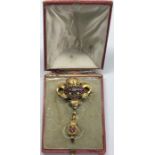 large boxed victorian gold Amethyst and seed-pearl pendant brooch set with 3 amethyst stones
