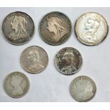 Selection of victorian silver coins includes 3 crowns 2 half crowns and two florins