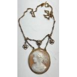 victorian 15ct gold cameo and fancy link chain set with seed-pearls cameo measures approx 49mm by 42