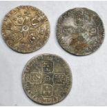 3 early silver coins includes George 111 1787 , George 11 1757 and 1697 William 111