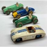 4 dinky racing cars cunningham ,H.W.M , cooper bristol ,ferrari good played with condition