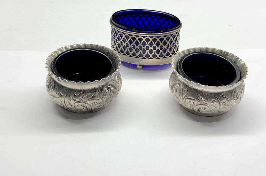 3 silver salts with blue glass liners