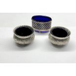 3 silver salts with blue glass liners