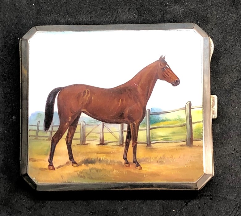 19th century silver plate and enamel cigarette case with an image of a horse in enamel measures app