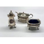 silver cruet set with blue glass liners Birmingham silver hallmarks