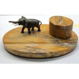 Antique sienna marble desk inkwell mounted with a bronze elephant