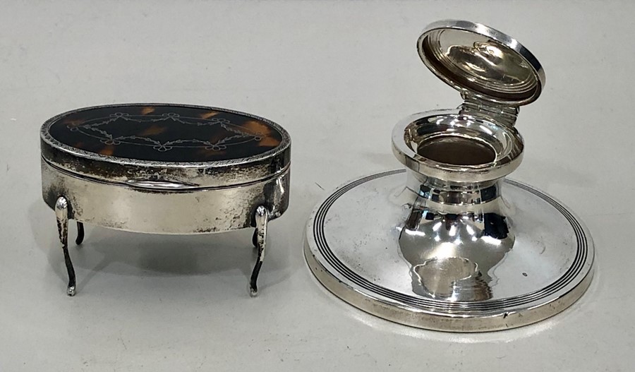 hallmarked silver inkwell and siver and tortoiseshell jewel box - Image 2 of 5