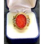 Antique 18ct Gold hard stone intaglio Seal Ring set with small diamonds and emeralds stone measures