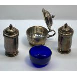 Silver walker and hall cruet set with blue glass liner Birmingham silver hallmarks